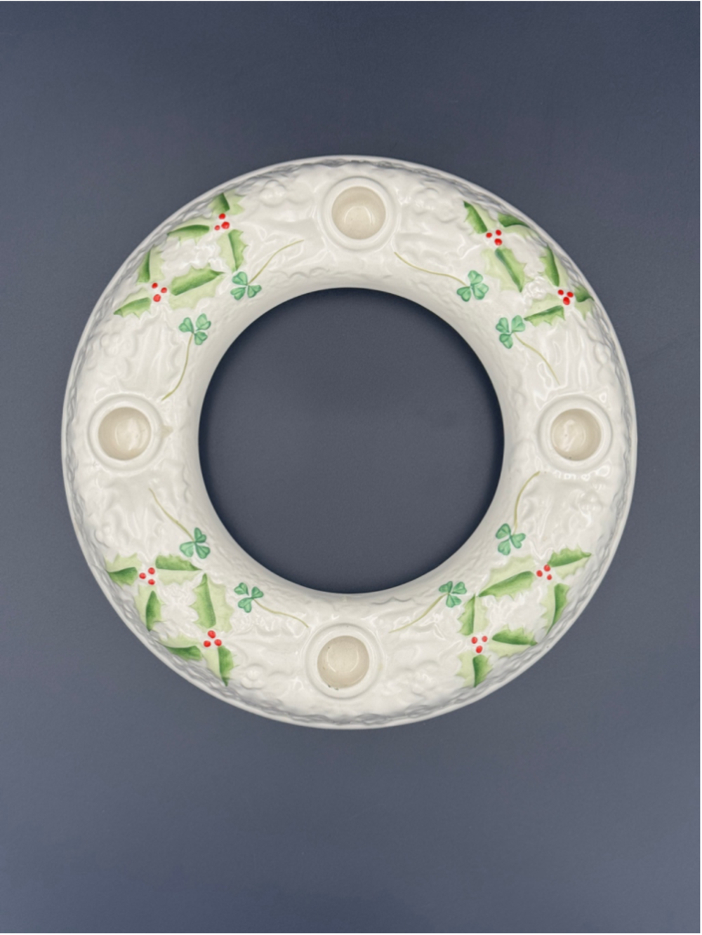 RARE Belleek Ireland “Enchanted Holly” Porcelain Christmas 4 Candle Holder